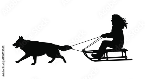 A silhouetted image of a girl riding a sled pulled by a dog