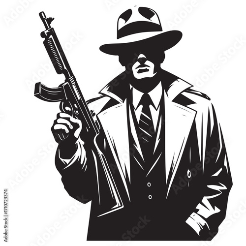 Gangster with gun illustration, vintage mafia man in hat, retro crime vector artwork