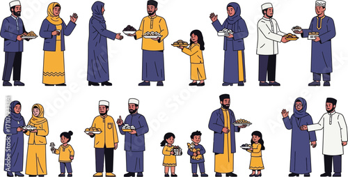 Illustration of muslim families exchanging gifts and sweets during eid al fitr celebration