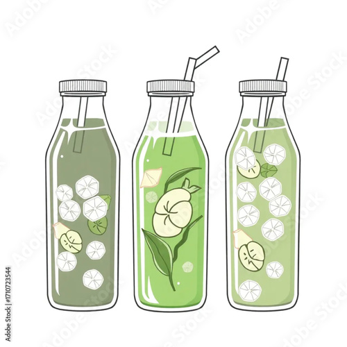 Cold-pressed green juice bottles with ice and straws