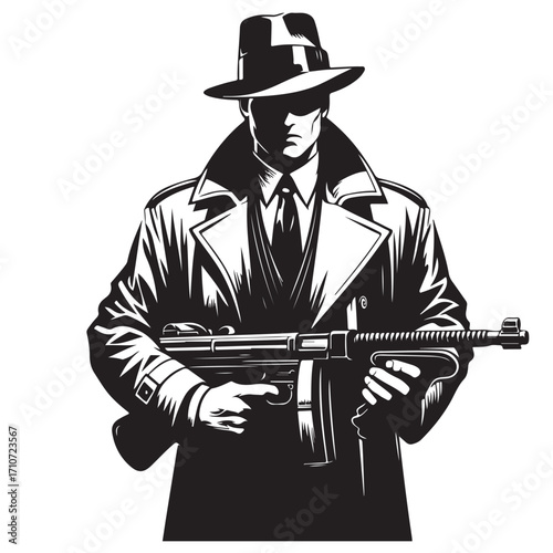 Gangster with gun illustration, vintage mafia man in hat, retro crime vector artwork