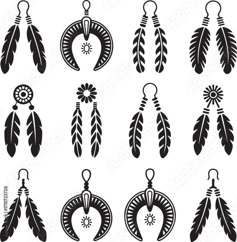 boho, ethnic, jewelry, native, american, tribal, earrings, feather, crescent, silhouette, icon, set, bohemian, gypsy, folk, fashion, accessory, spiritual, lifestyle