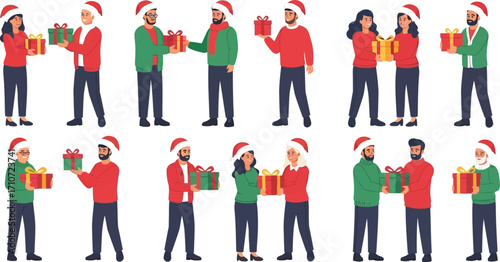 People in santa hats exchanging christmas gifts in a festive and joyful holiday celebration scene