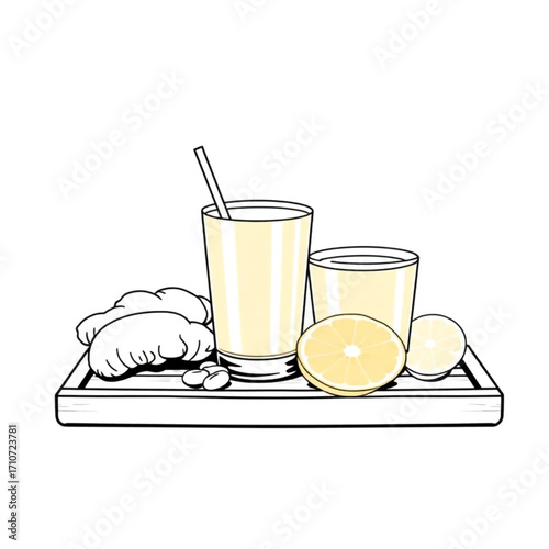 Fresh ginger turmeric wellness shots on bamboo tray
