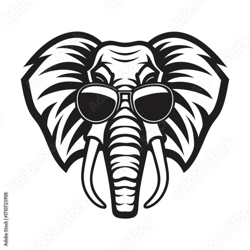 Stylized monochrome elephant head presents a cool demeanour while wearing round sunglasses, showcasing unique artistic flare