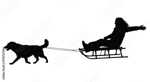 Silhouette of a person riding a sled pulled by a running dog
