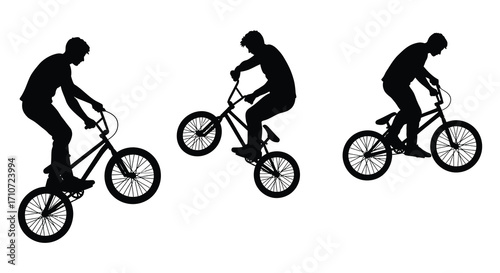 Bmx riders performing wheelies and tricks in a sequence illustration
