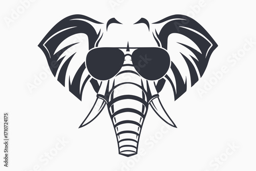 Stylized monochrome elephant head sporting aviator sunglasses against a clean white backdrop