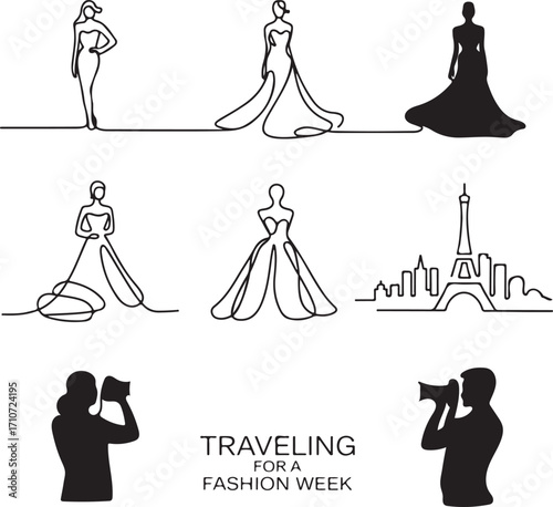 fashion, week, travel, paris, france, runway, model, style, continuous, line, lineart, silhouette, glamour, luxury, haute-couture, dress, gown, photographer