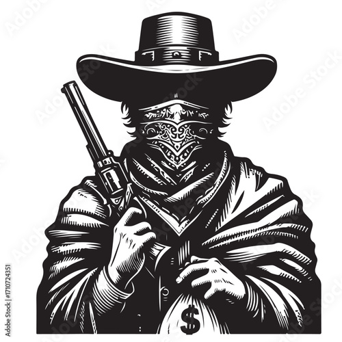 Gangster with gun illustration, vintage mafia man in hat, retro crime vector artwork