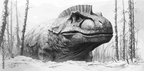 Majestic Prehistoric Dinosaur in Winter Forest – Black and White Illustration, Ancient Reptile Art, Paleo Art Print