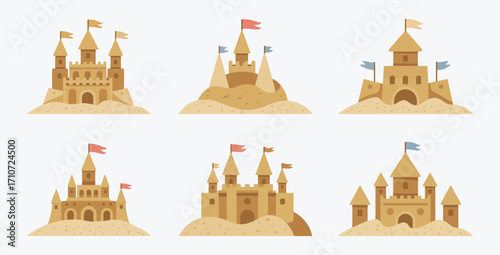 Collection of fun summer sandcastles for beach games vacation time