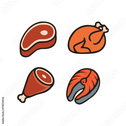 Raw meats color icon set, including steak, chicken, ham, and salmon, Meat Protein, KETO Diet Food.