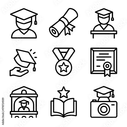 Graduation Icon Set Mortarboards Diploma Medal Book and Camera in Outline Style.