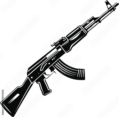 Minimalist AK-47 Rifle Black Silhouette Vector Firearm Illustration, Minimalist AK-47 Assault Rifle Black Silhouette Vector Graphic, Modern AK-47 Rifle Vector Silhouette Black Weapon Illustration