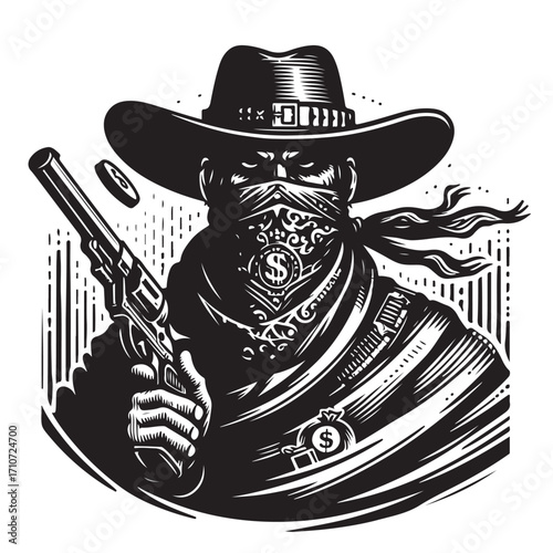 Gangster with gun illustration, vintage mafia man in hat, retro crime vector artwork