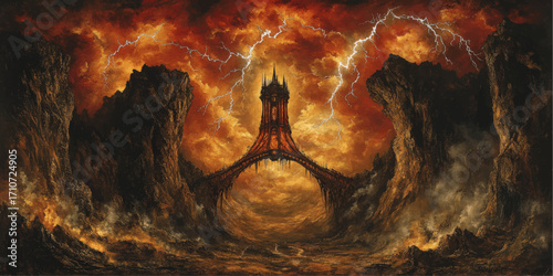 Dramatic Dark Fantasy Fortress Tower on Fiery Mountain Landscape with Lightning, Surreal Lava Environment, Epic Digital Art