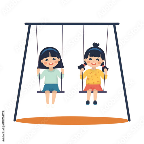 Two happy girls enjoying themselves on a playground swing set on a sunny day