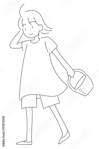 バッグを持って歩く女の子のシンプルな線画ベクターイラスト。