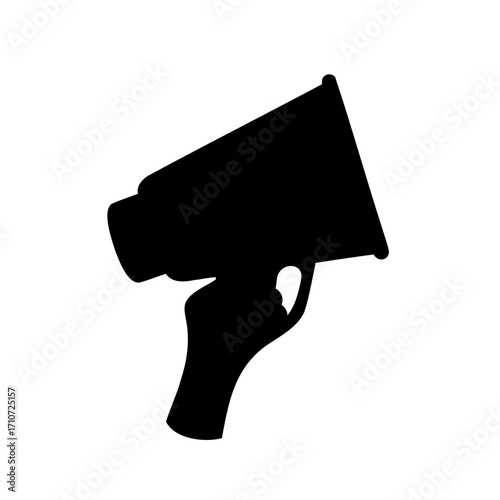 Black and white silhouette of a hand holding a megaphone shouting out loud