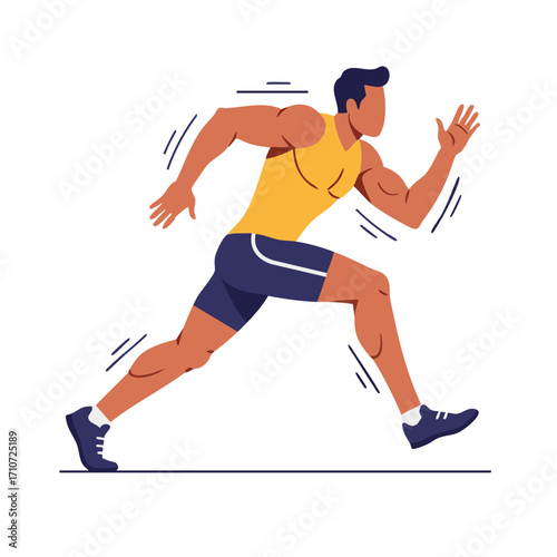 An energetic, muscular male athlete is captured in a powerful sprint, illustrating speed, fitness, and competitive spirit with dynamic motion lines.