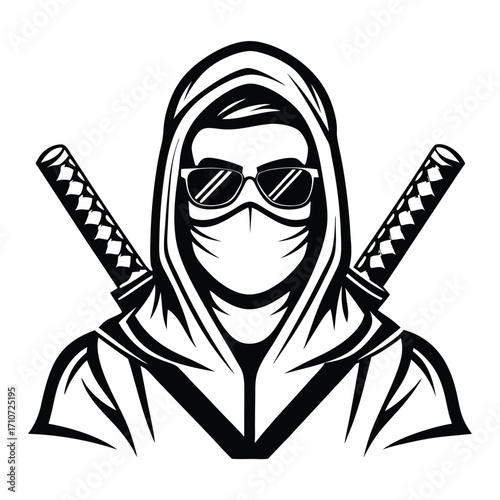 Stylized ninja warrior with sunglasses and a hood holds crossed katana swords behind the back