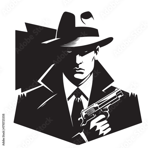 Gangster with gun illustration, vintage mafia man in hat, retro crime vector artwork
