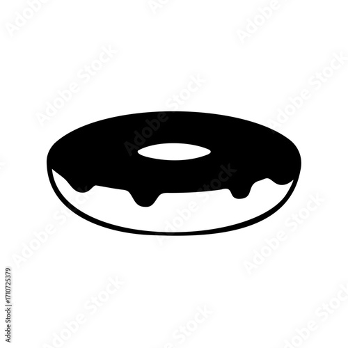 Simple black and white donut icon with chocolate glaze drippings isolated