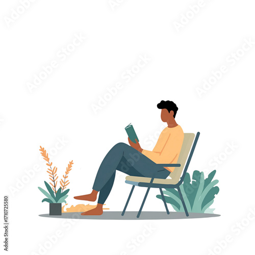 Relaxing at Home A Man Reads a Book on a Chair, surrounded by plants