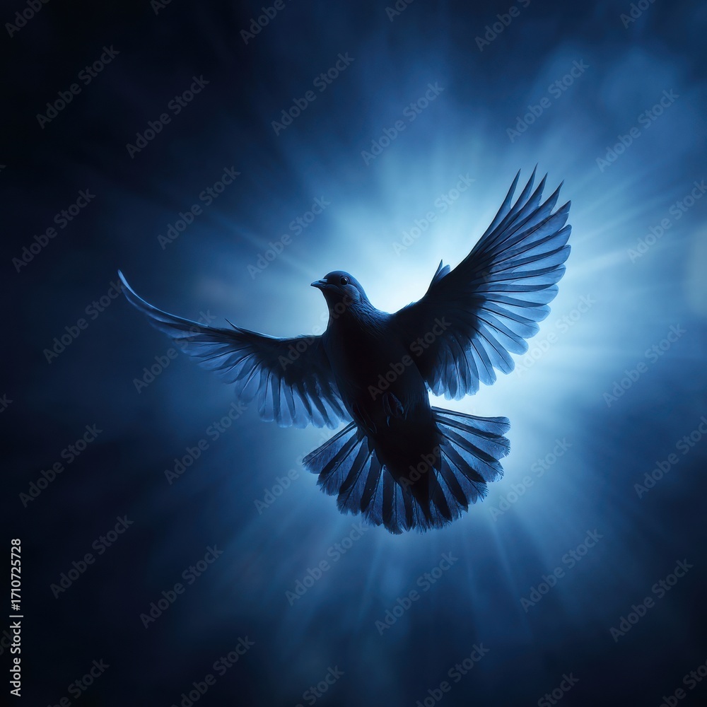 Obraz premium Dove in Flight Radiating Light Symbolizing Peace and Hope Spiritual Theme Dramatic Lighting Dark Blue Tones