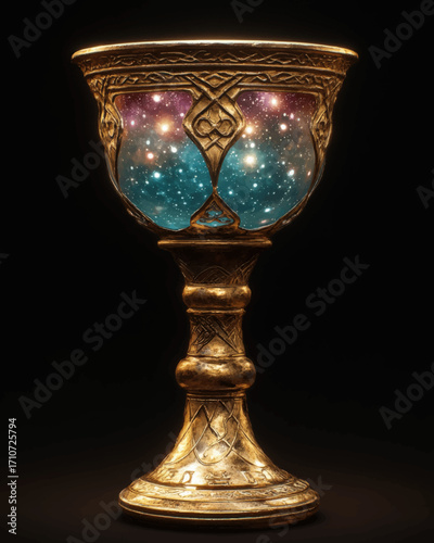 Ornate Golden Chalice with Cosmic Galaxy Inside, Mystical Fantasy Trophy on Black Background, Magical Decorative Cup Art