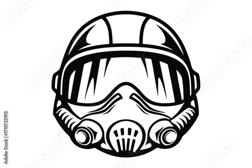 Stylized trooper helmet displays a bold black outline against a stark white backdrop, captivatingly