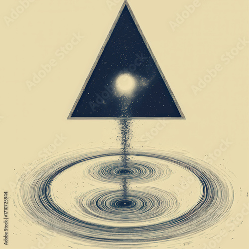Surreal Cosmic Triangle Portal Above Rippling Water, Minimal Abstract Geometric Art with Starry Space and Light