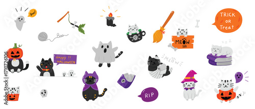 Set of Hand drawn halloween element for decoration cover, banner, card, social media, event, poster or print. Flat style vector illustration design.