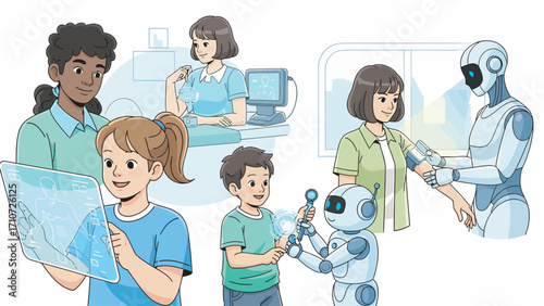 Children interact with robots and holographic displays in a futuristic classroom, exploring technology and learning in an engaging and innovative environment.