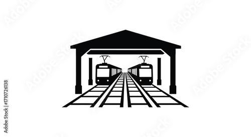Black and white illustration of a train station with two trams inside