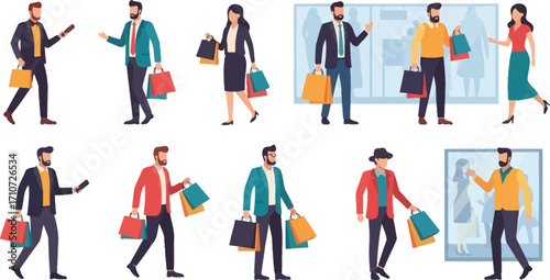 Illustration of people shopping with bags near storefronts and using their mobile phones on white