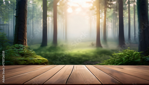 Misty Forest Background With Soft Lighting And Empty Wooden Podium