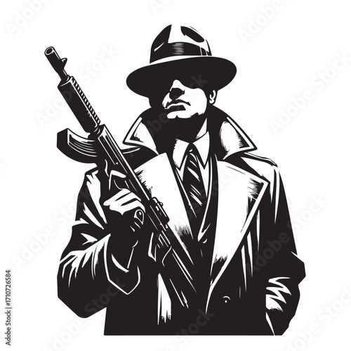 Gangster with gun illustration, vintage mafia man in hat, retro crime vector artwork