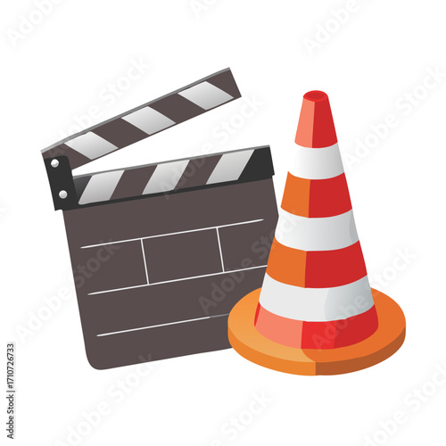 Vector illustration of a film clapperboard and traffic cone for production and safety iconography vector
