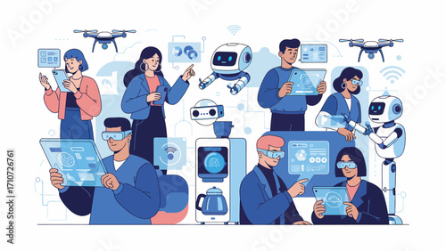 Team of diverse people interacting with robots and drones in modern office, showcasing future technology and collaborative innovation.