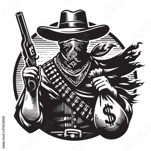 Gangster with gun illustration, vintage mafia man in hat, retro crime vector artwork