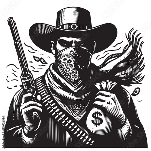 Gangster with gun illustration, vintage mafia man in hat, retro crime vector artwork
