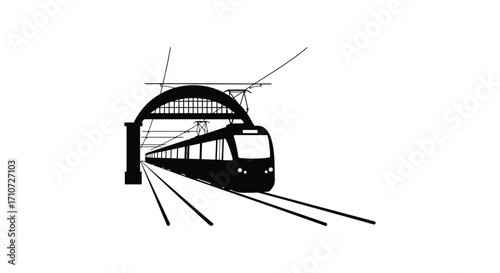 A sleek black train traveling through a tunnel outlined in white