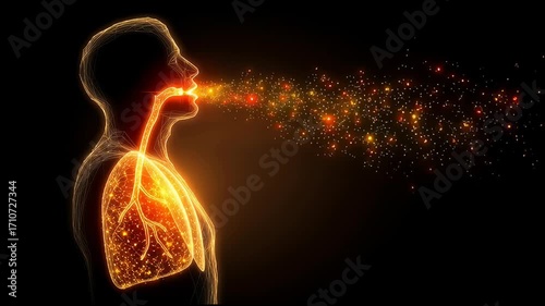 Conceptual visualization of human body in side view with glowing lungs and throat, particles scattering outward to vividly symbolize cough, infection spread, and respiratory vulnerability
