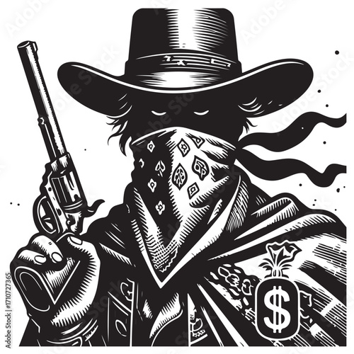 Gangster with gun illustration, vintage mafia man in hat, retro crime vector artwork