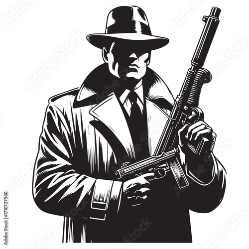 Gangster with gun illustration, vintage mafia man in hat, retro crime vector artwork