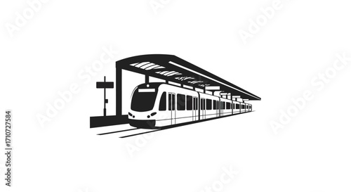 A sleek black and white illustration of a modern commuter train arriving