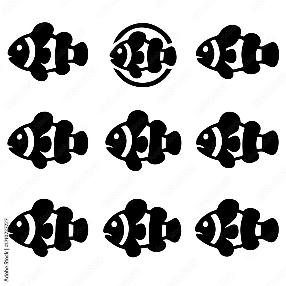 Fototapeta premium Nine Black Clownfish Icons with White Stripes in Various Poses and Styles.