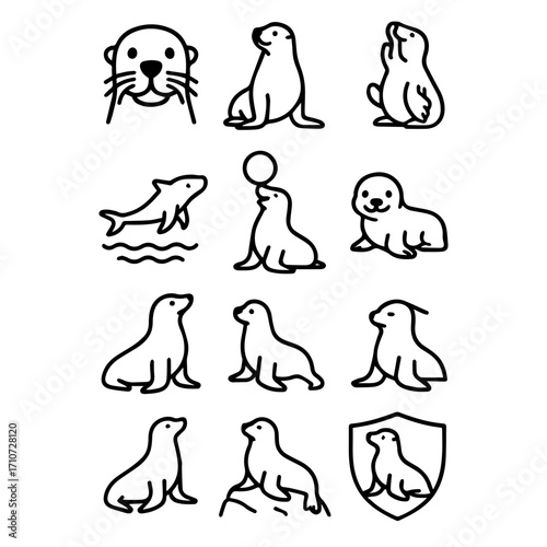 Line Art Collection of Playful Seals and an Otter in Various Poses.
